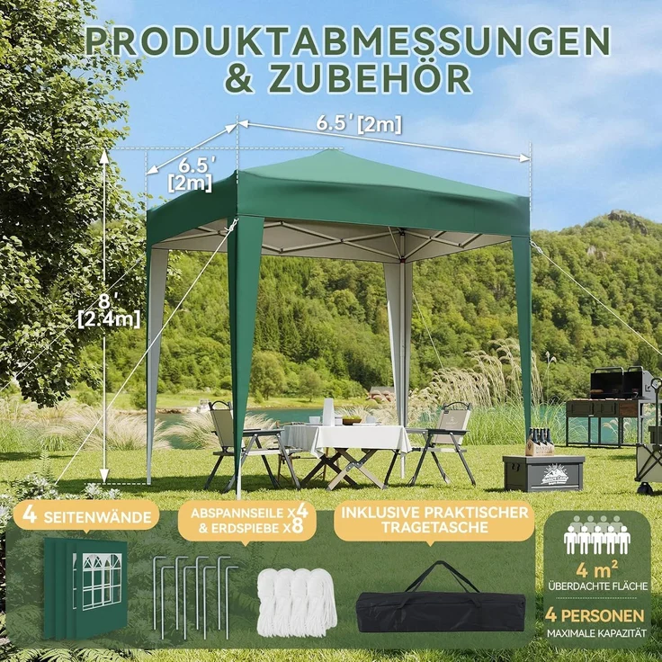 Aoxun Pop Up Pavillon 2x2m Wasserdicht mit 4 Seitenwänden, Metallrahmen-Schutzzelt, Höhe Verstellbar, Faltpavillon 2x2 mit Tragetasche für Camping Party, Grün – Bild 2