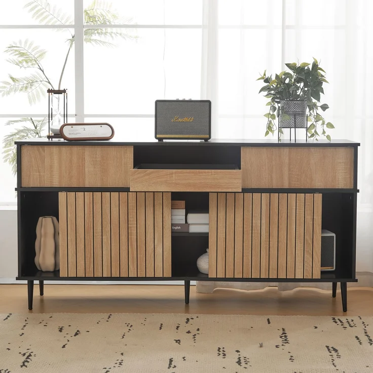 Schrank Eiche Natur und Schwarz, Sideboard mit Schiebetüren,verstellbare Regale,Sicherheits-Kippsicherung – Bild 4