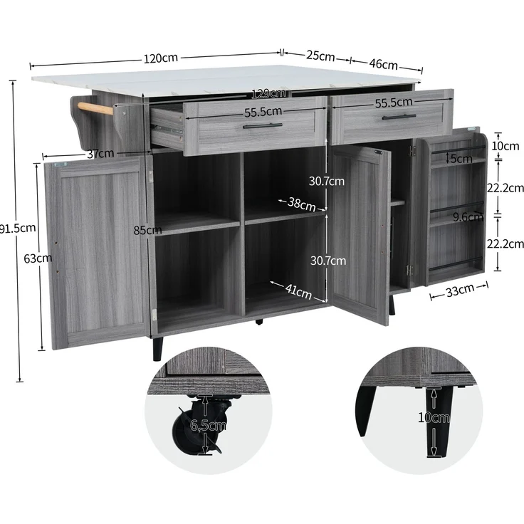 Küchenwagen 129x71x91,5 cm mit ausklappbarer Tischplatte, Schubladen und Rollen – Bild 5