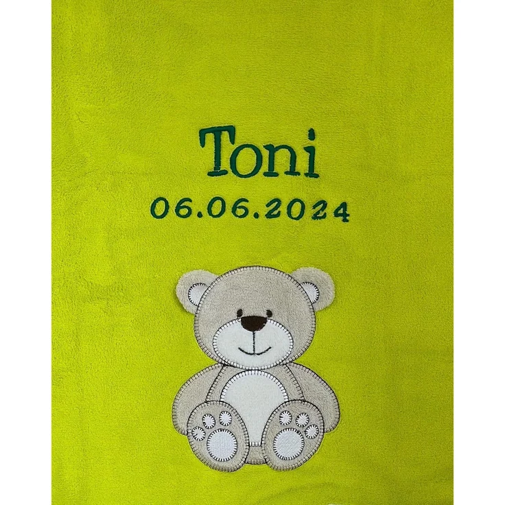 KIDDI-MEDIA Babydecke mit Name und Geburtsdatum Bestickt/kuschelig weich / 1A Qualität (Limegrün - BÄR)