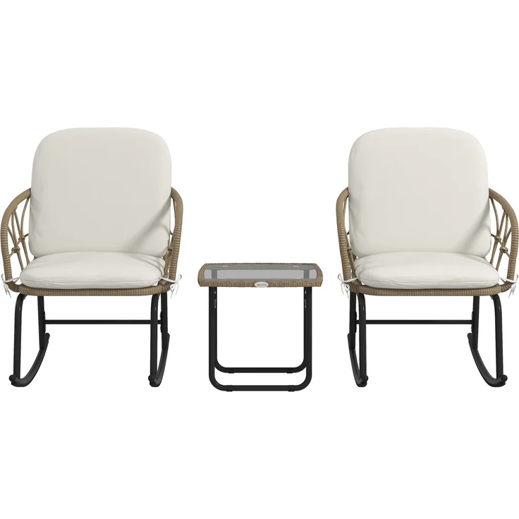 MELAYR, Schaukelstuhlset Schaukelstühle Bistro-Set, Bohostil, PE-Rattan, wetterbeständig, 63 x 82 x 75 cm, Gelb+Creme – Bild 2