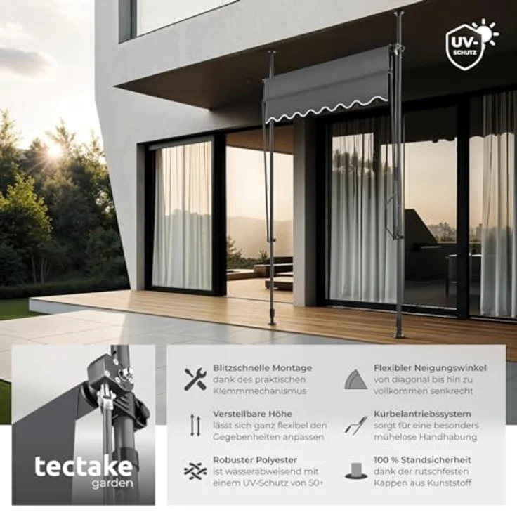 tectake® Klemmmarkise mit Handkurbel, Balkon Markise ohne Bohren, Markise höhenverstellbar, UV-beständig, wasserabweisend, Terrassenüberdachung, Sonnenschutz Terrasse & Balkon, 150 cm - schwarz/grau – Bild 3
