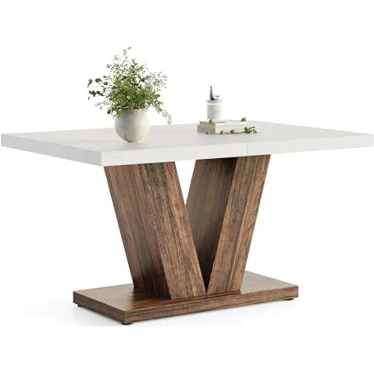 LITTLE TREE 47 Zoll Esstisch für 4 Personen, moderner Esszimmertische, weißer rechteckiger Küchentisch mit rustikalem, braunem V-förmigem Sockel, Esstisch aus Holz für Esszimmer, Küche, Wohnzimmer – Bild 1