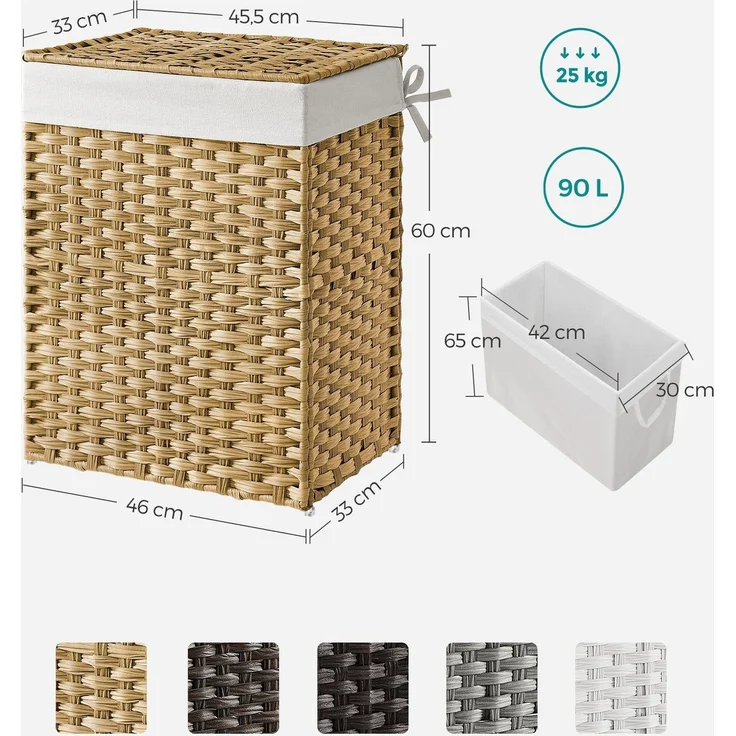 Songmics Wäschekorb handgeflochten, Rattan Naturfarben, 90L 46 x 33 x 60 cm – Bild 5