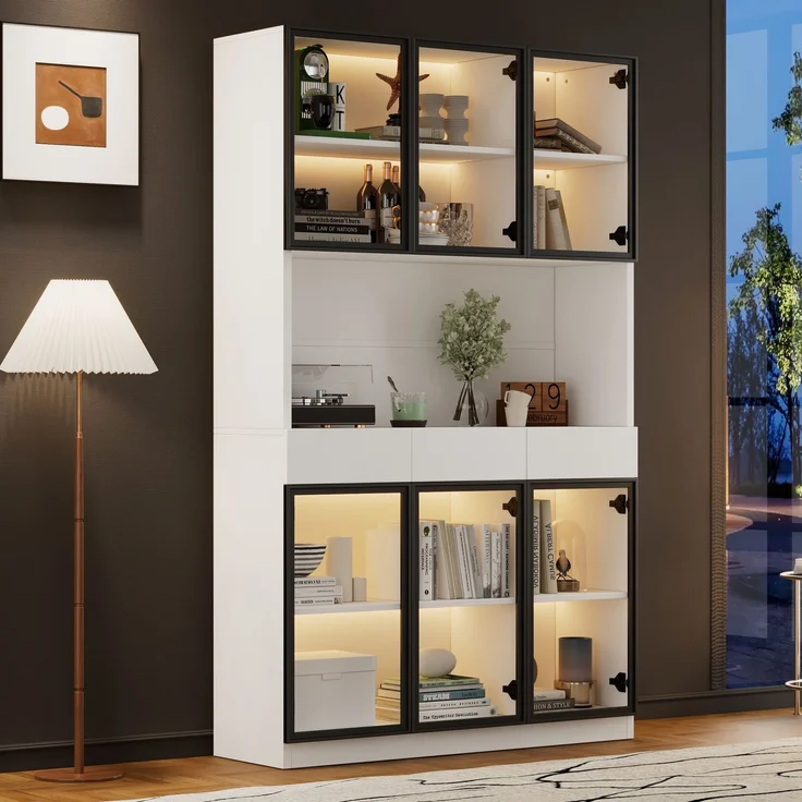 Vitrinenschrank 120x36x200 cm in Weiß, 6 Glastüren, LED-Beleuchtung und 3 Schubladen – Bild 1