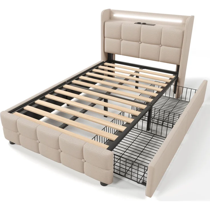 EINHOM Polsterbett mit Aufladen USB Ladefunktion Kopfteil und LED-Beleuchtung und 2 Schubladen, Einzelbett 90 x 200 cm Stauraumbetten Bettgestell, Lattenrost aus Holz, Beige (Mit Matratze) – Bild 6