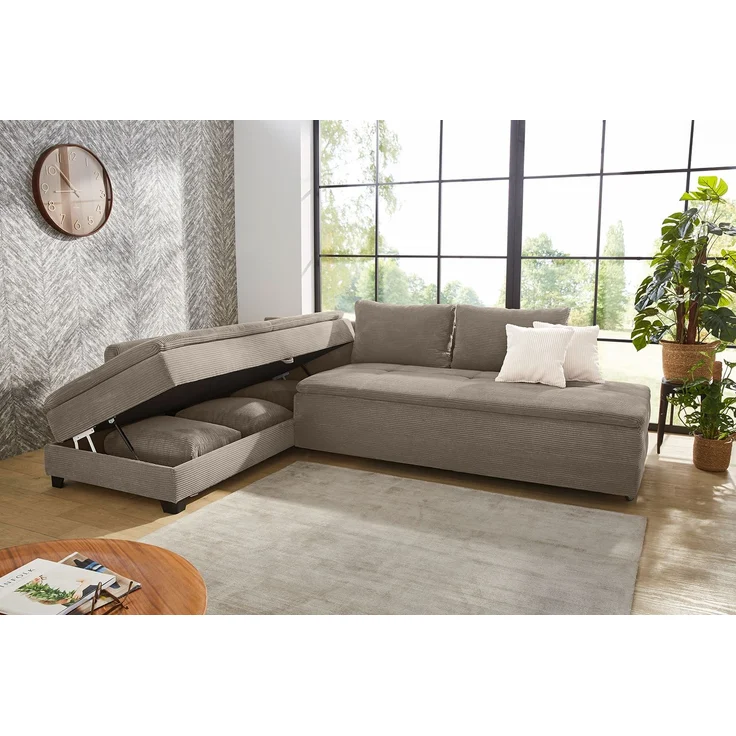 Ecksofa-Dauerschläfer Doppelbett Federkern Bettkasten Couch in Cord Braun Taupe – Bild 3