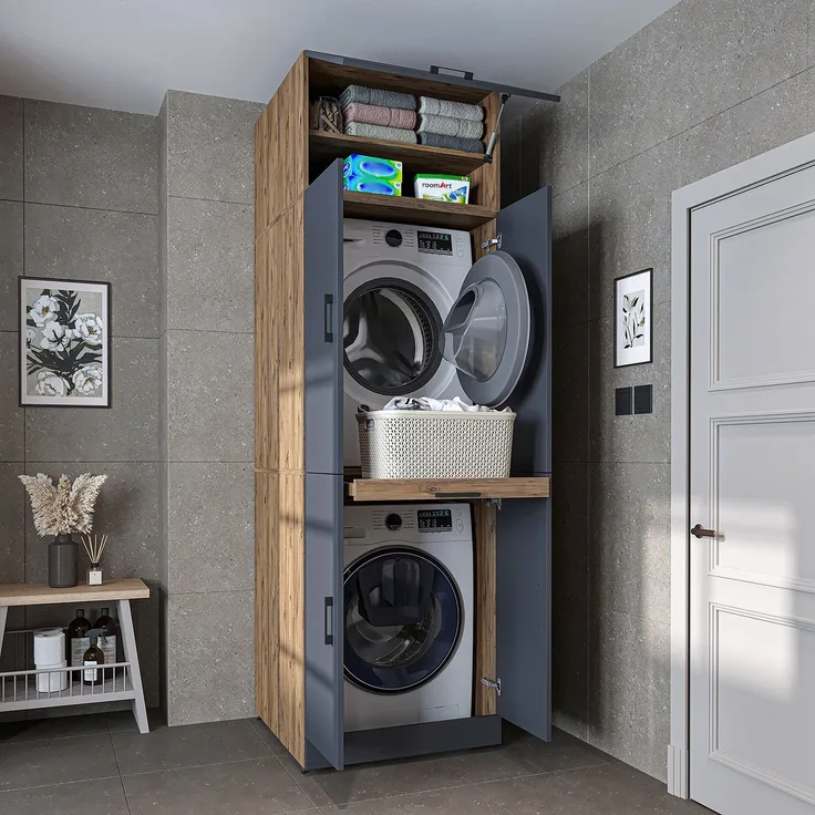 Roomart Waschmaschinenschrank DORA-I- Waschmaschinen- & Trocknerschrank mit Türen & Ausziehbrett – Waschküchenschrank für Waschmaschine & Trockner • Anthrazit-Eiche