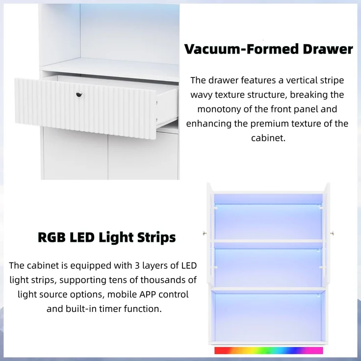 ZUBALIYA LED Glasvitrine, Bücherschrank, Büroschrank mit RGB LED Lichtleisten, Figurenvitrine, Stauraumschrank, Büromöbel, mit Schubladen, Sammlervitrine, Hochschrank, LED Beleuchtung, Weiß, 70 x 35 x 180 cm – Bild 19
