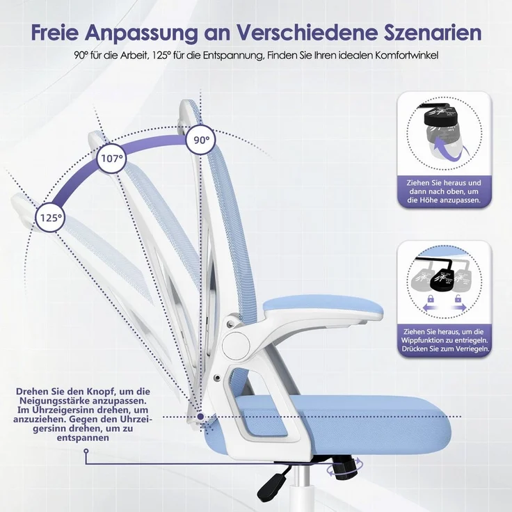Adormii Bürostuhl Ergonomischer Bürostuhl mit klappbaren Armlehnen und Rückenlehnen (Drehstuhl mit Drehbare, höhenverstellbarer Kopfstütze, geräuscharme Rollen, 90°-135° Wippfunktion Bürostuhl, belastbar bis 150kg, Netz atmungsaktiv, Chefsessel), Leise... – Bild 3