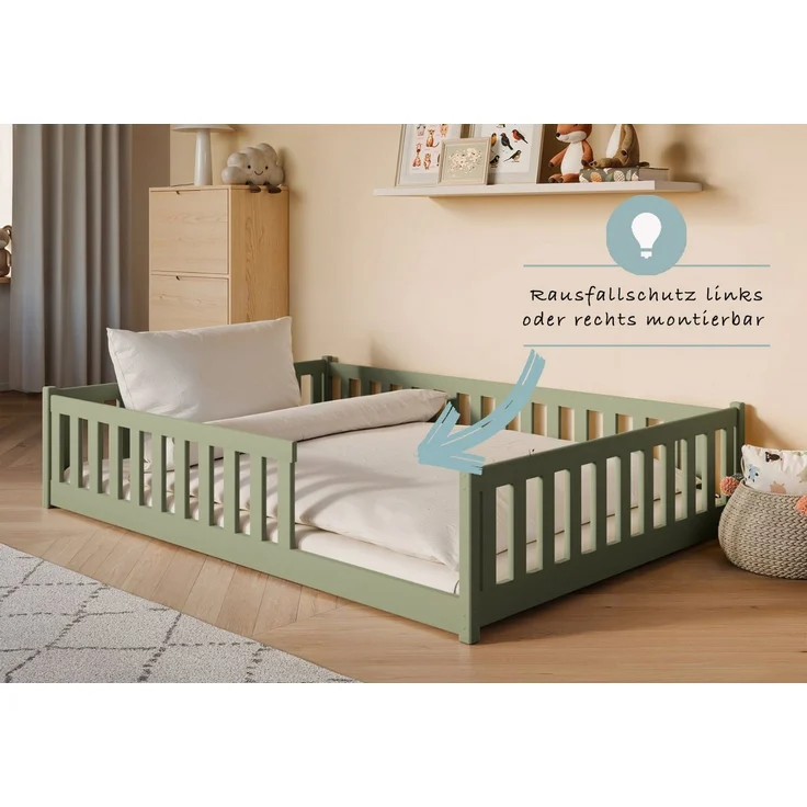 Kids Collective Kinderbett Bodenbett Bett mit Rausfallschutz & Lattenrost Montessori Bett Kinder (weitere Größen 80x160, 80x180, 90x190, 90x200, 120x200 cm), Jugendbett Einzelbett optional mit Matratze Olivgrün Kiefer 140x200 cm – Bild 4