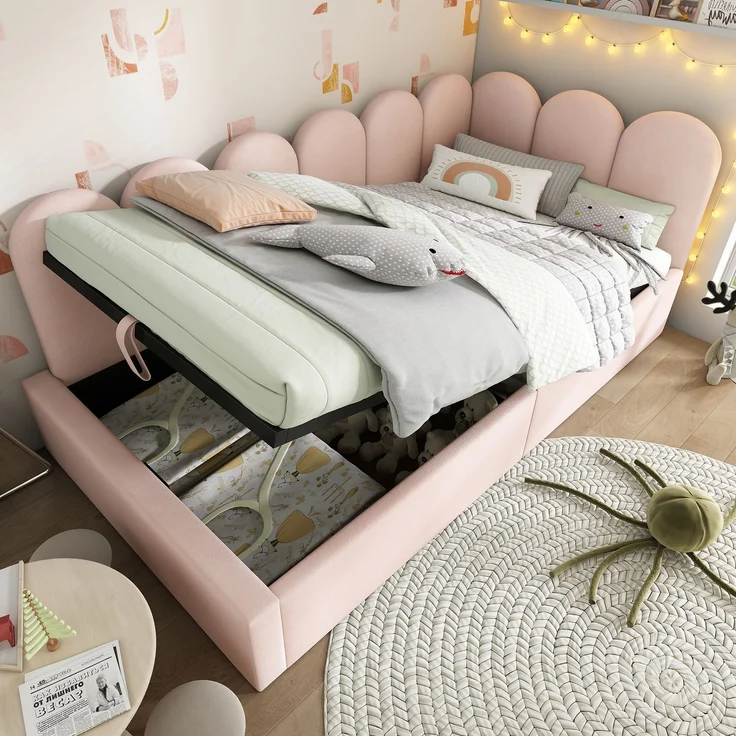 Merax Daybett Polsterbett 90x200 cm,Tagesbett Schlafsofa mit hydraulischem Stauraum, Kinderbett mit Metall-Lattenrost, Samt, Rosa, ohne Matratze – Bild 1