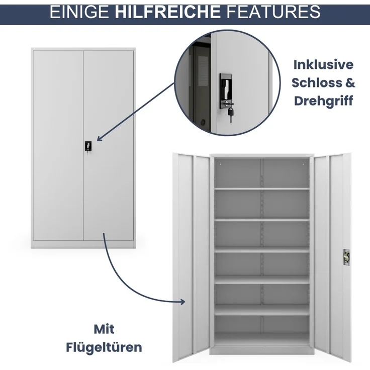 Aktenschrank abschließbar KADO - 6 Ebenen verstellbar, Flügeltüren | Metallschrank Werkstatt Mehrzweckschrank Büroschrank aus Stahl Werkzeugschrank, 220 x 115 x 40 cm Grau – Bild 5