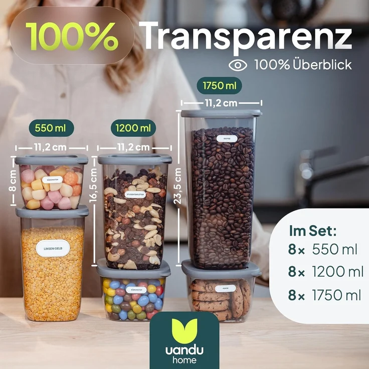 uandu Vorratsdosen mit Deckel Luftdicht - 24er Vorratsbehälter Set | Aufbewahrungsbox Küche Aufbewahrung & Organisation | BPA Frei | Küchen Organizer | Vorratsdosen für alle trockenen Lebensmittel – Bild 3