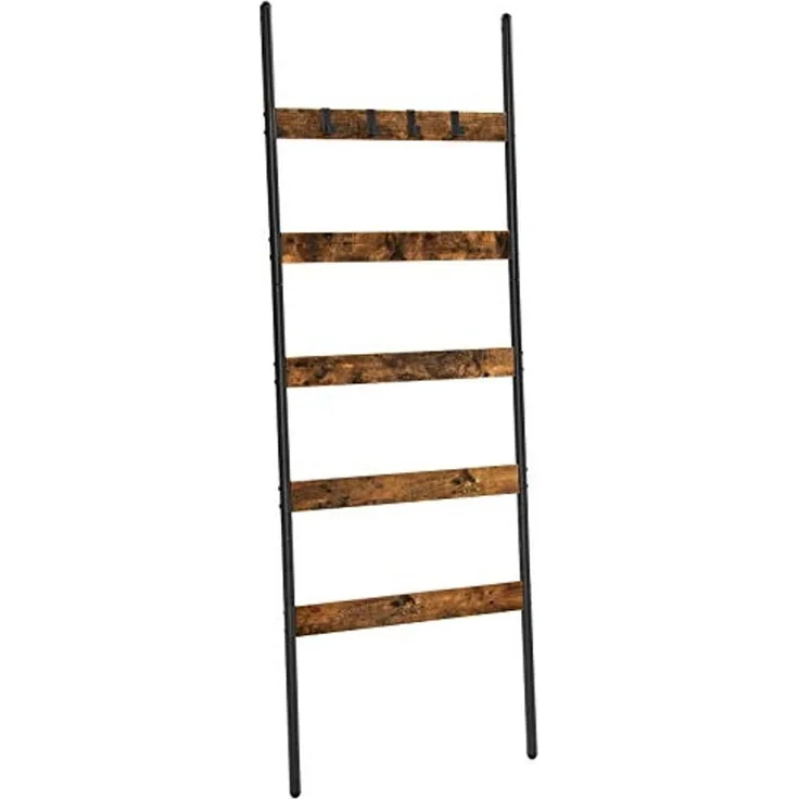 Vasagle Handtuchleiter, Handtuchregal, Leiterregal, Anlehnregal mit 5 Sprossen, 60 cm breit, schräg, für Handtücher, Schals, Decken, Stahlgestell, Industrie-Design, vintagebraun-schwarz von Songmics LLS011B01