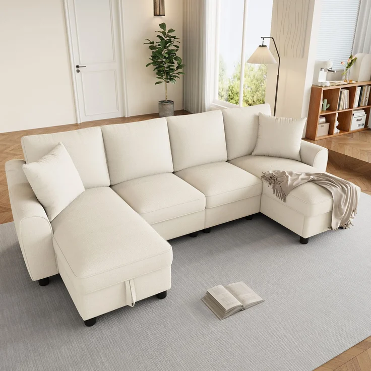 Chenille-U-Sofa mit 2 Stauraum-Chaiselongues und 2 Kissen, gepolsterte Wohnlandschaft 280 cm mit Taschenfederkern, Beige – Bild 8