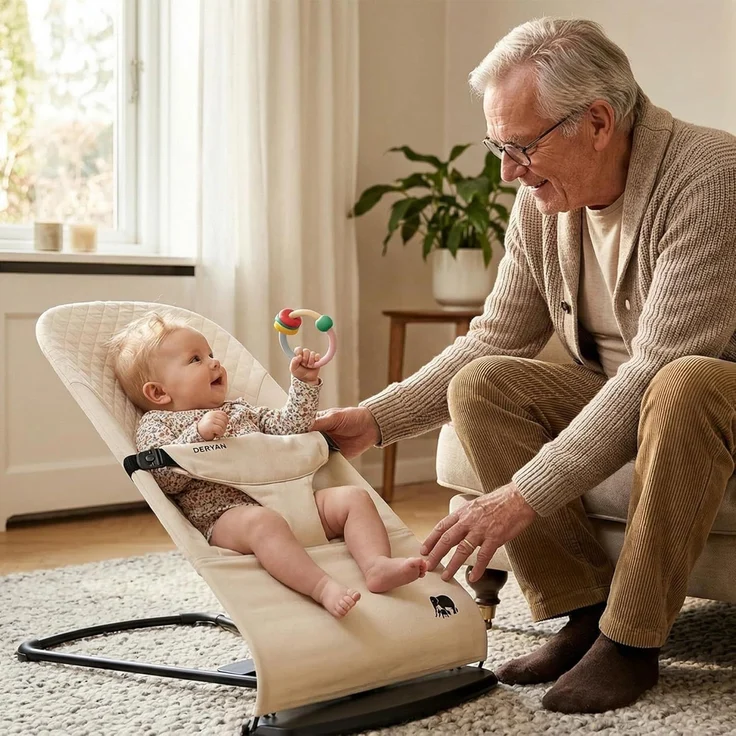 DERYAN Buddy Babywippe – Ergonomisch & Weich – Verstellbar & Klappbar – Reise-Wippe für Babys 0–9 kg – Creme – Bild 2