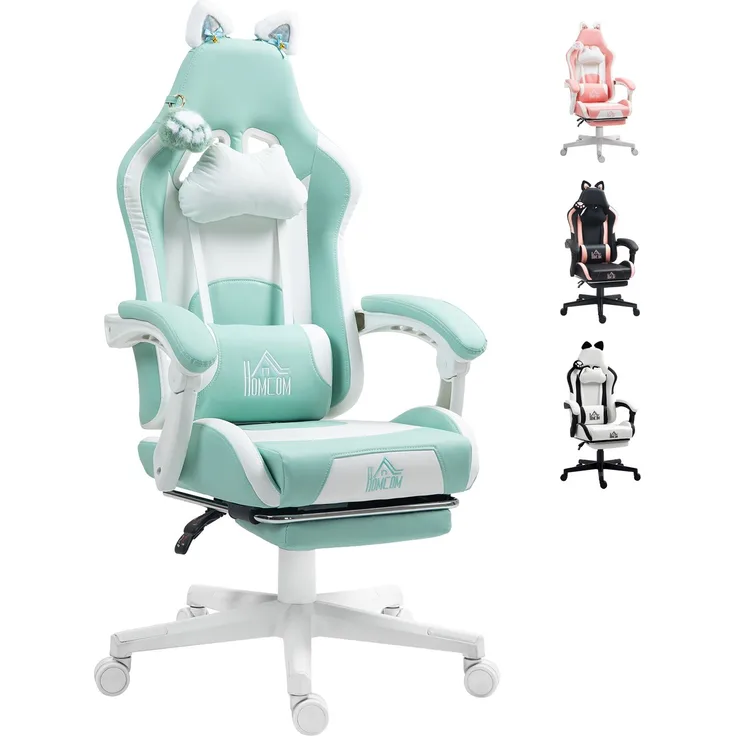 MELAYR, Liegender Gamer-Stuhl mit höhenverstellbarer, einziehbarer Fußstütze, Mintgrün, 65 x 62 x 124 cm, Blaugrün