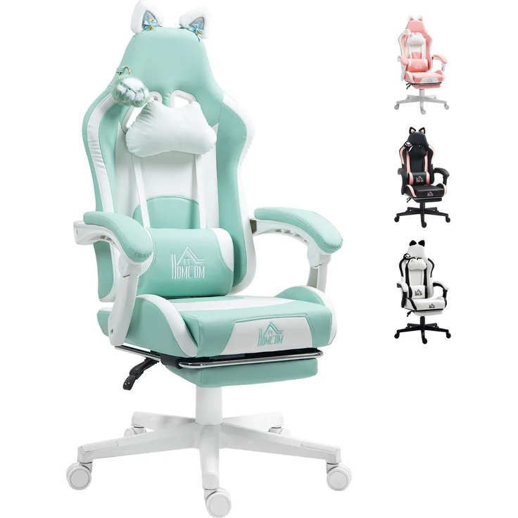 MELAYR, Liegender Gamer-Stuhl mit höhenverstellbarer, einziehbarer Fußstütze, Mintgrün, 65 x 62 x 124 cm, Blaugrün – Bild 1