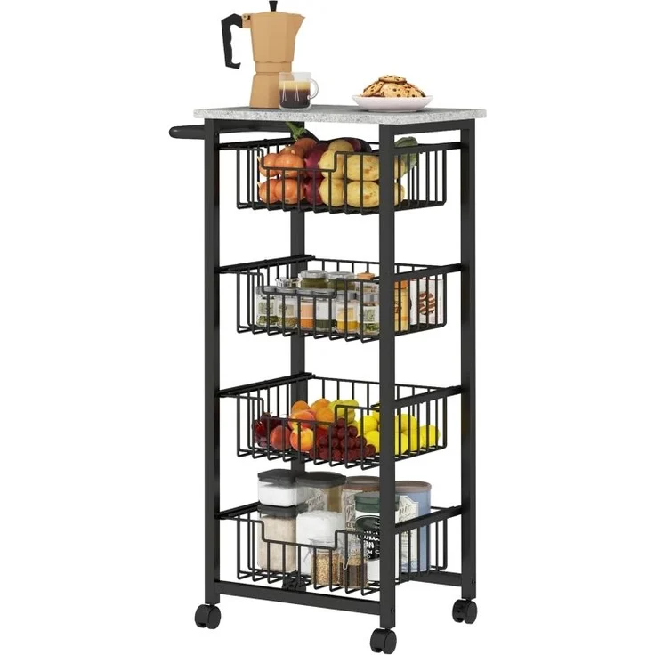 Küchenwagen mit 4 herausziehbaren Körben, pulverbeschichtetes Stahlgestell, 4 Rollen, elegant, bis 22kg, für Küche & Bar – Bild 7