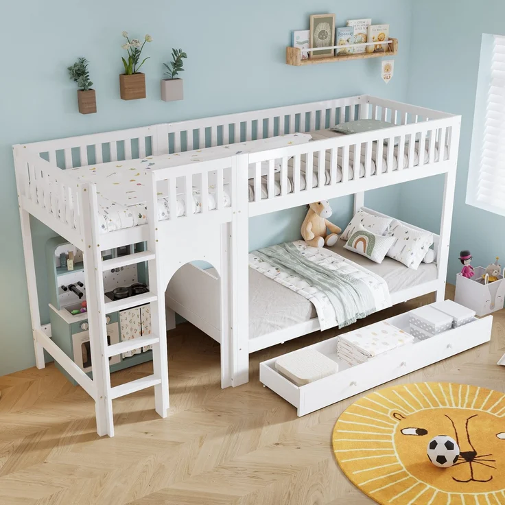 Etagenbett mit Regal, Schrank, Lattenrost und Treppe, 90x200cm, Kinderbett mit Rausfallschutz, Hochbett, Kiefer – Bild 3