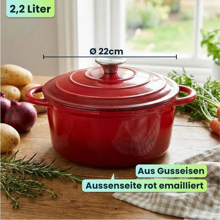 Casativo Schmortopf Gusseisen Topf mit Deckel 22cm Rund 2,2LBräter mit Deckel Rot, Gusseisen, backofenfest/Ø22 x H6,9 cm/3,7 kg/für Hobby-Köche – Bild 2