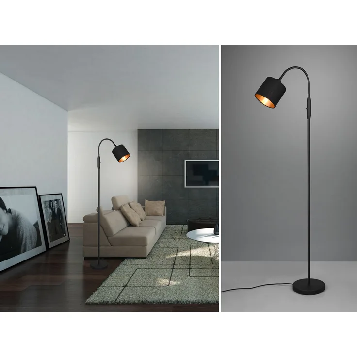 Kleine LED Stehleuchte Stoffschirm Schwarz/Gold mit Flexarm, Höhe 130cm