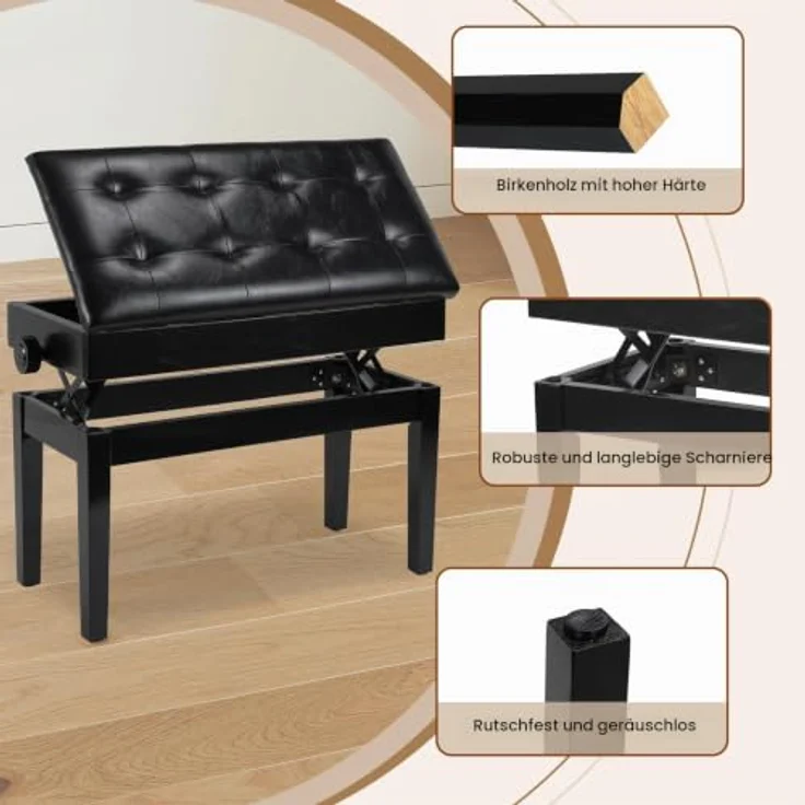 Clevich Klavierhocker Höhenverstellbar 48-58CM, Pianobank mit Stauraum 73× 34× 48cm, Klavierbank mit PU Lederkissen, Klavierstuhl Heavy Duty, Tastatur Piano Bench bis 200KG Belastbar, Schwarz – Bild 4