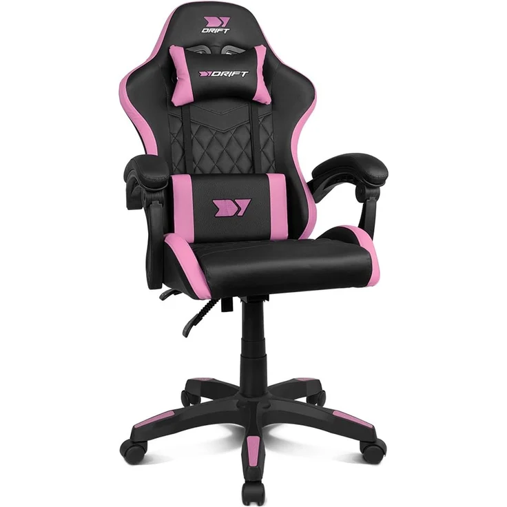 DRIFT GAMING DR35 –Professioneller Stuhl, Kunstleder, gepolsterte Armlehnen, Kolben der Klasse 3, verstärkte Nylonbasis, neigbarer Sitz, höhenverstellbar, Lenden-/Halswirbelsäulenkissen, Schwarz/Pinke