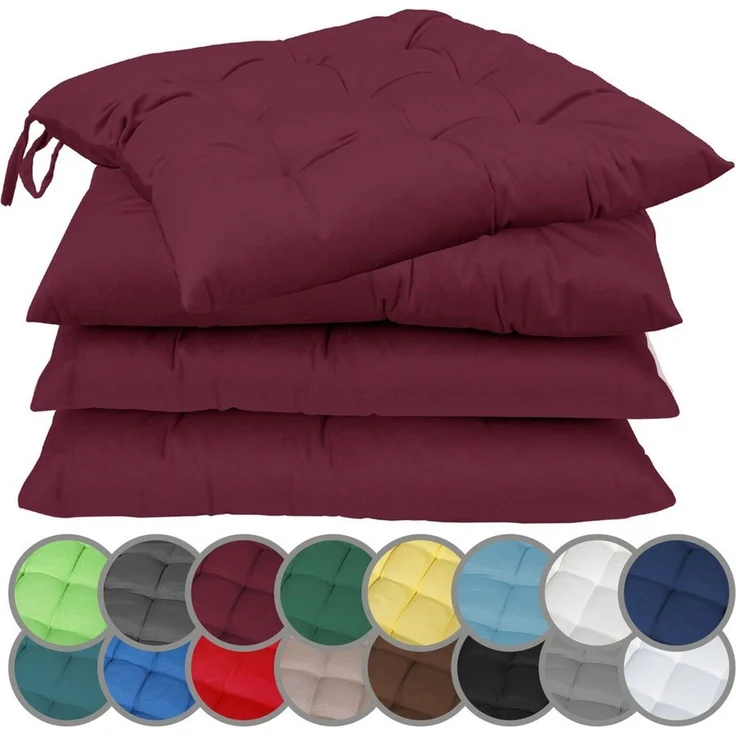 NatureMark 4er Set Stuhlkissen mit Bändern Gr. 40x40 cm Sitzkissen gefüllt, Bordeaux rot – Bild 1