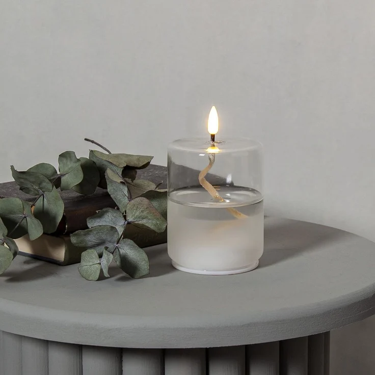 LED Kerze ,Flamme Float' im Glas, Ölkerzen-Optik, Gelkerze mit Docht, transparent, Flacker-Effekt, H 13cm, Ø 8cm – Bild 2