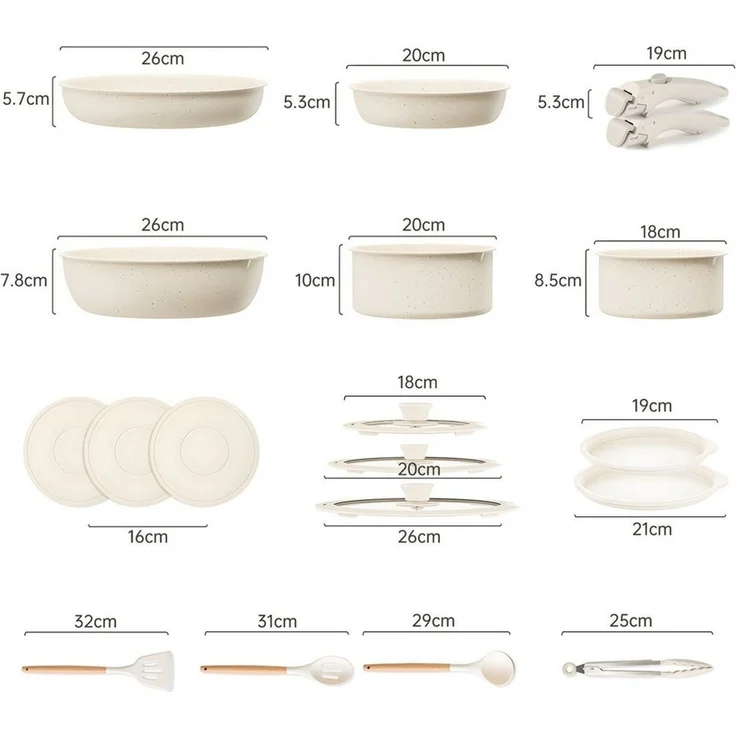 SEHAUSEU Pfannen-Set Topf-Set Kasserolle Bratpfanne mit abnehmbarer Griff, Antihaft,weiß, (19-tlg), 19-tlg.