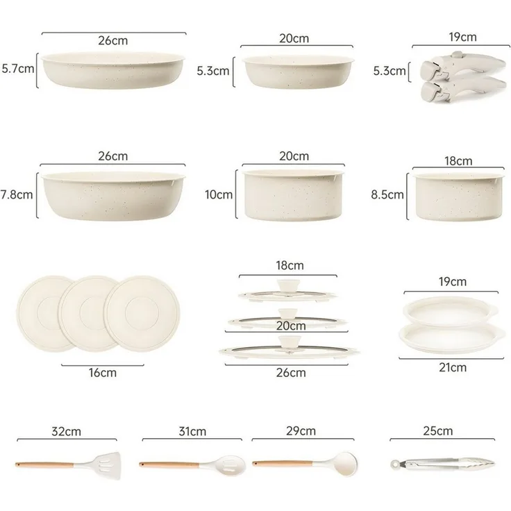 SEHAUSEU Pfannen-Set Topf-Set Kasserolle Bratpfanne mit abnehmbarer Griff, Antihaft,weiß, (19-tlg), 19-tlg.