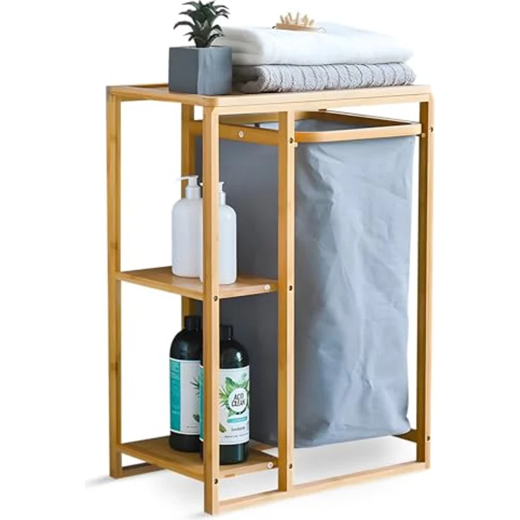 Avilia Badezimmerschrank aus Bambus mit Wäschekorb aus Stoff und 2 Einlegeböden – 50 x 30 x 70 cm – Fassungsvermögen des Korbs 15 kg, Ablagen 6 kg – Korb für schmutzige Tücher, geeignet für Bad und – Bild 2