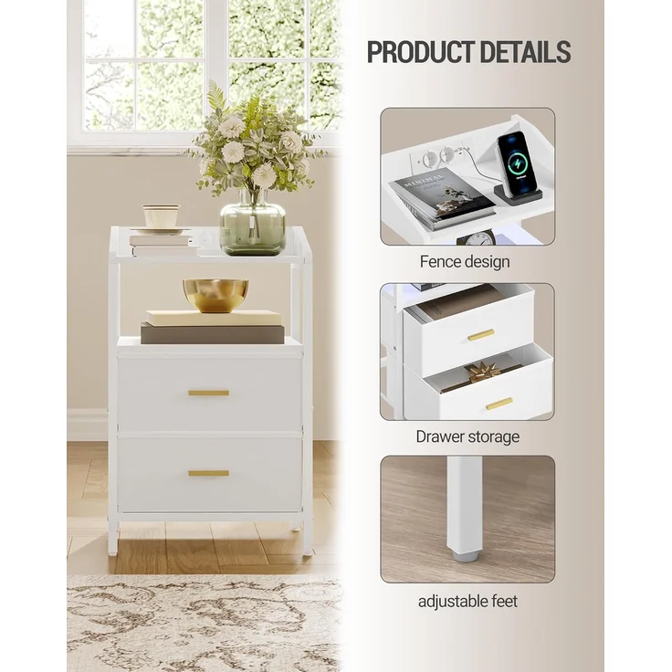 Nachttisch 2er Set, mit LED-Leuchten und Ladestation, Beistelltisch mit 2 Stoff-Schubladen und Regalen, mit USB-Anschlüssen & Steckdosen, für Schlafzimmer, Wohnzimmer, Weiß – Bild 6