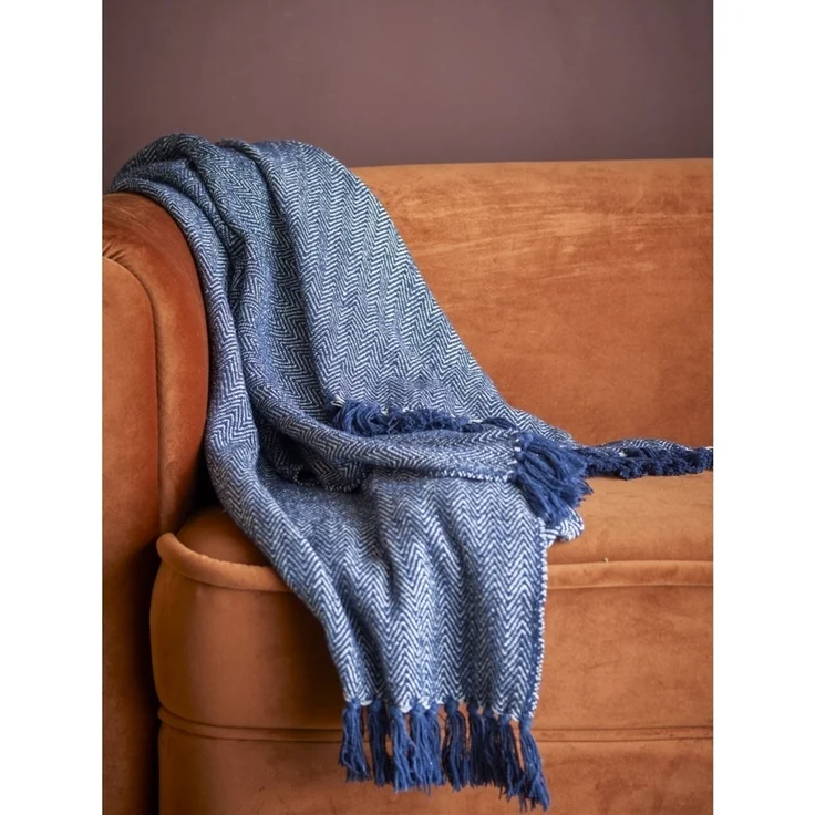 CREATIVE COLLECTION Herringbone Decke Blau Recycelte Baumwolle