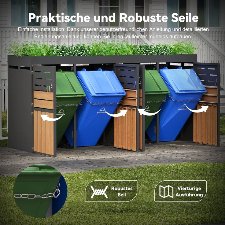 LVHOM Mülltonnenbox 4er mit Pflanzkasten, 4x240 L, Abschließbare Mülltonnenverkleidung aus Stahl für Garten, Anthrazit – Bild 4