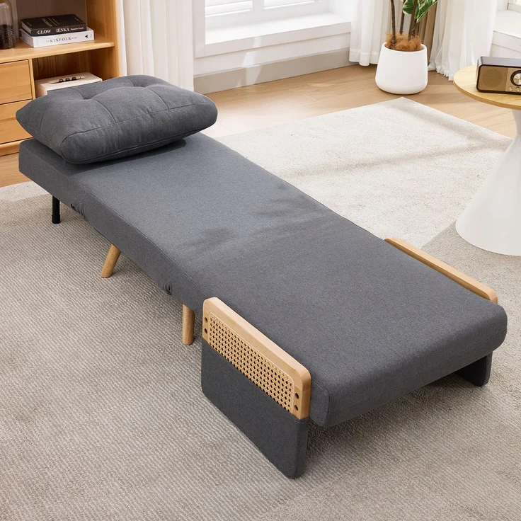 Rayofly-3-in-1 Schlafsessel mit Schlaffunktion, ausklappbarer Relaxsessel & Gästebett, 5-fach verstellbare Rückenlehne, Rattan-Armlehnen, H 86,5cm x T 67,5cm x B 73cm, Grau – Bild 5
