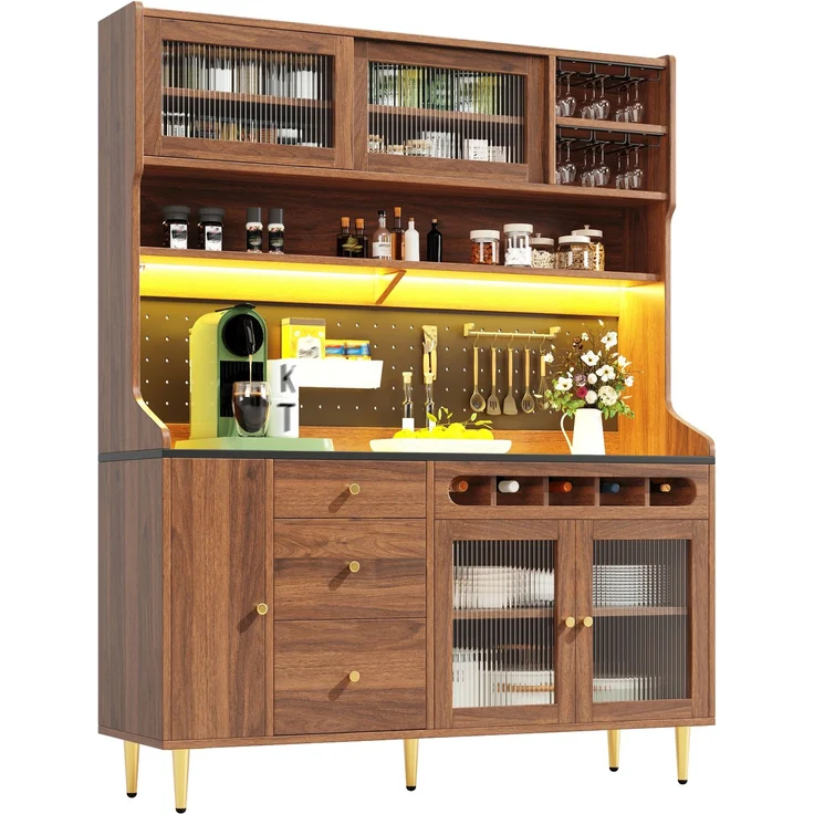Hochschrank 145x39x171 cm mit LED-Beleuchtung, Glasschiebetüren und Weinfach - Walnuss – Bild 7