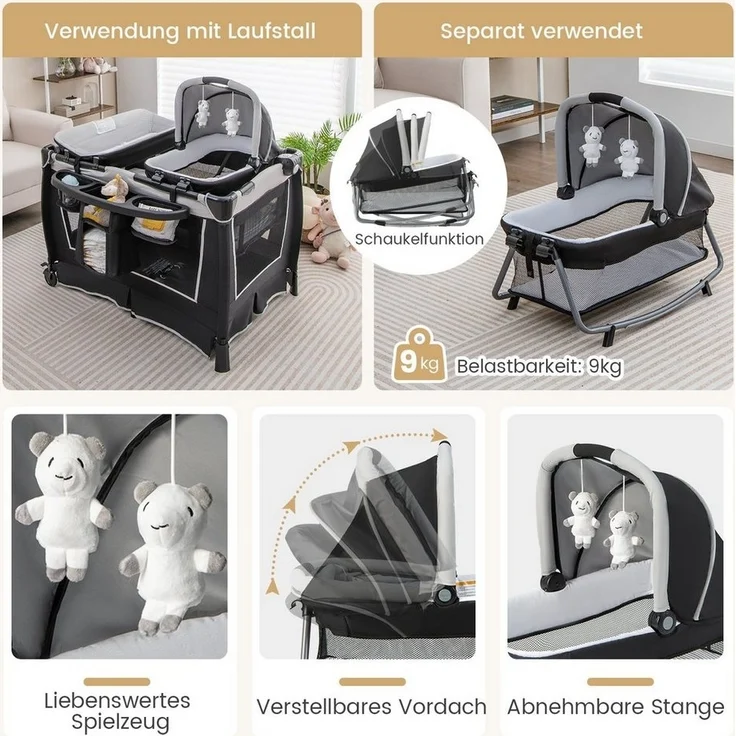 COSTWAY 4 in 1 klappbares Reisebett & Wickeltisch & Laufstall & Babywiege mit Schaukelfunktion, inkl. Babykorb, Wickelauflage, Matratze, Spieluhr, Spielzeug, Aufbewahrungsregal und Tragetasche Grau – Bild 2
