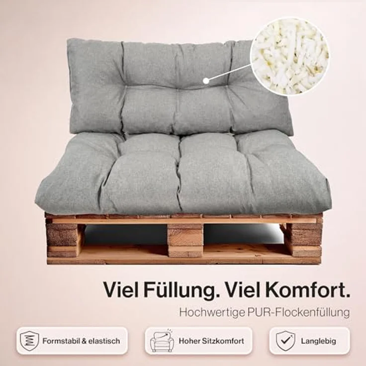 Palettenkissen Set Wetterfest – Sitzkissen für Europaletten – Palettenpolster, gefüllt mit granuliertem Poulirette-Schaum – Inkl. 3x Sitzkissen 120x80 +Rückenlehne 120x40 sowie 60x40 & 40x40 – Bild 3