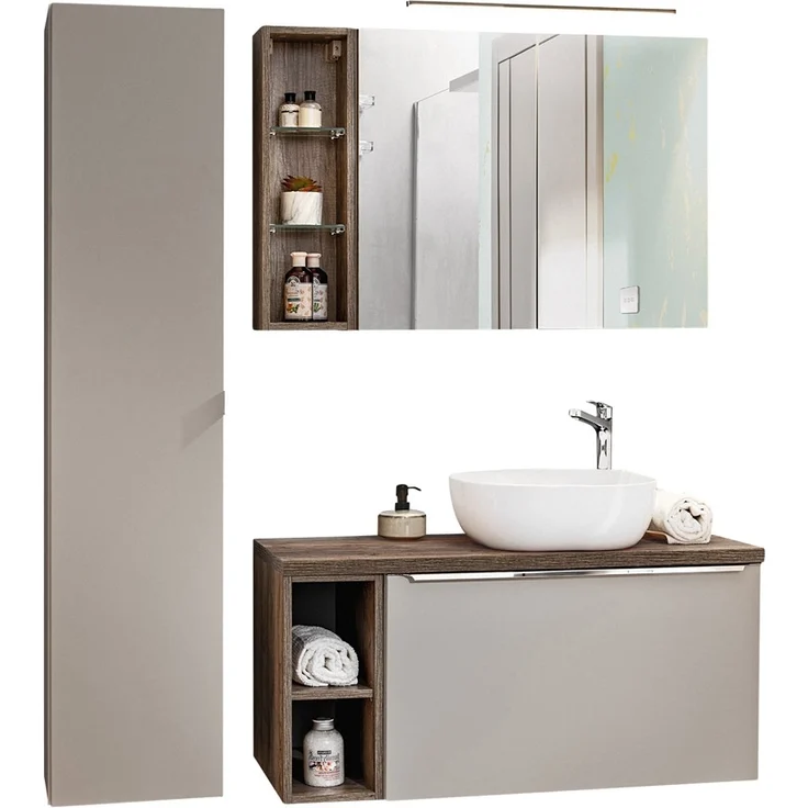 Badmöbel Hochschrank PUEBLA-56-TAUPE in taupe mit Vintage Oak Eiche, 1 Tür, B/H/T: 35/160/33 cm – Bild 9