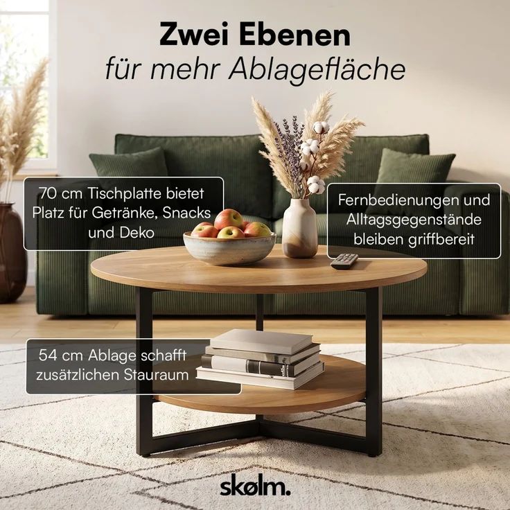 skølm 'Drakkar' Couchtisch rund, Massivholz Eiche, natur geölt, Wohnzimmertisch Ø70 cm mit Metallgestell, Beistelltisch für Wohnzimmer mit Ablage – Bild 7