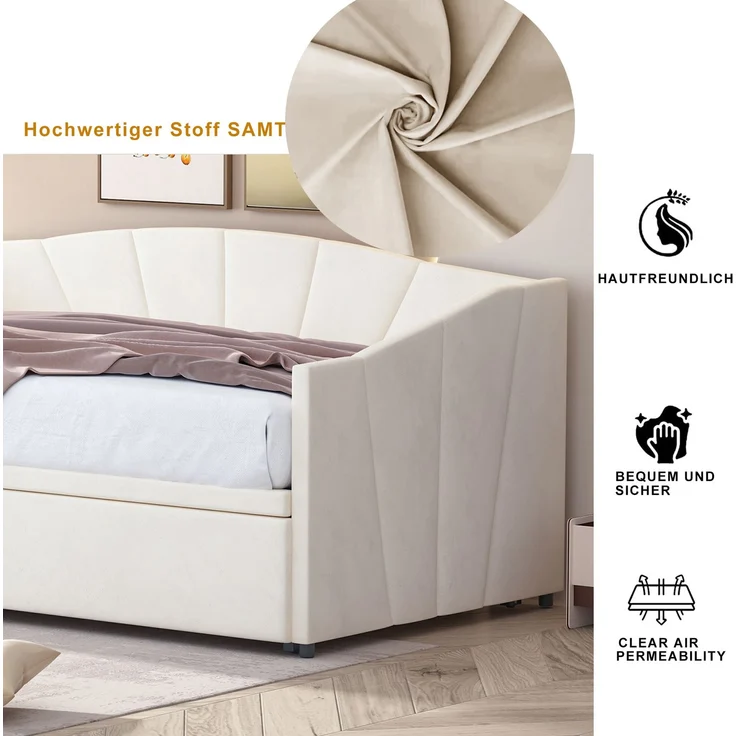 Polsterbett Ausziehbett 90/180x200 cm in Beige, Samtbezug, mit Lattenrost, Matratze nicht enthalten – Bild 8