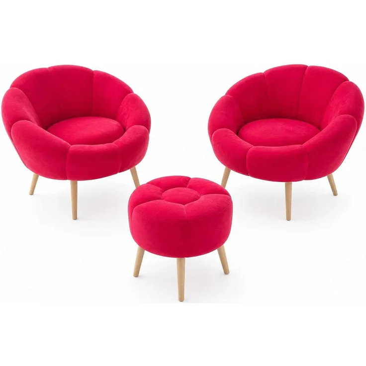 Hanah Home Stilvolles Ohrensessel- und Hocker-Set (3-teilig), Fuchsia, 100% melaminbeschichtet | 18 mm Dicker, weicher Stoff und Beine aus Esche | Perfekt für Moderne Wohnräume