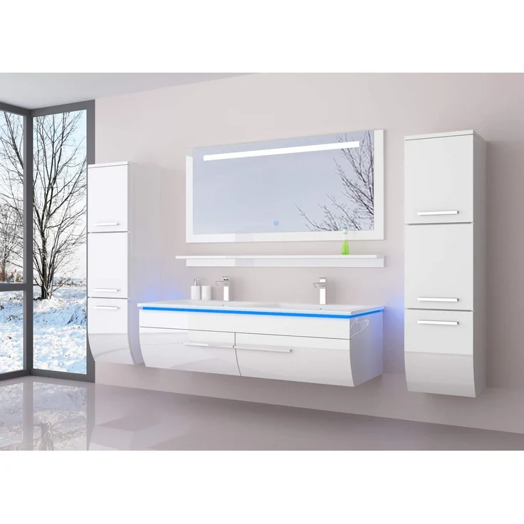 danny Homeline Badmöbel Set Hochglanz lackiert Komplett MDF Holz (120 Doppel Becken mit 3X Hochschrank, Weiss) – Bild 1