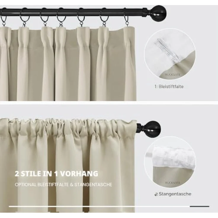 Deconovo Verdunklungsvorhänge mit Kräuselband Blickdicht Gardinen Hellbeige | 2er Set, H 290 x B 140 cm, Gardinen für Schienensystem, Thermogardine, Kinderzimmer Vorhang, für Wohnzimmer, Sichtschutz – Bild 5