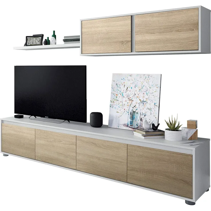 Wohnzimmer TV-Ständer mit vier Türen, mit Hängeschrank und Regal, Farbe kanadische Eiche und Artikweiß, Maße TV-Ständer 200 x 43 x 41 cm Hängeschrank 105 x 35 x 29 cm Regal 95 x 3 x 21 cm