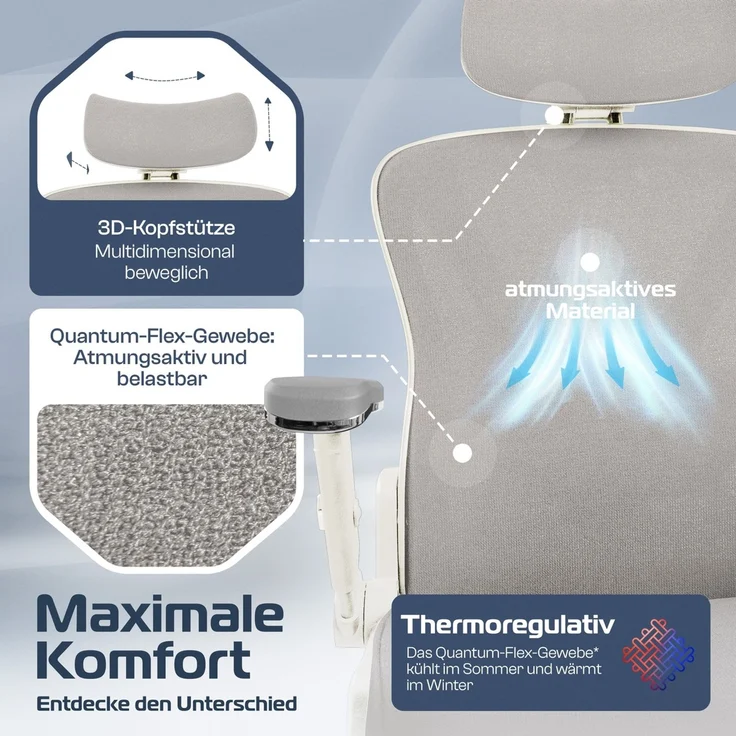 CLOUVOU PowerSeat, ergonomischer Bürostuhl, thermoregulative Materialien, 5D-Armlehnen, 3D-Kopfstütze, PhantomWheels, Creme-weiß – Bild 4