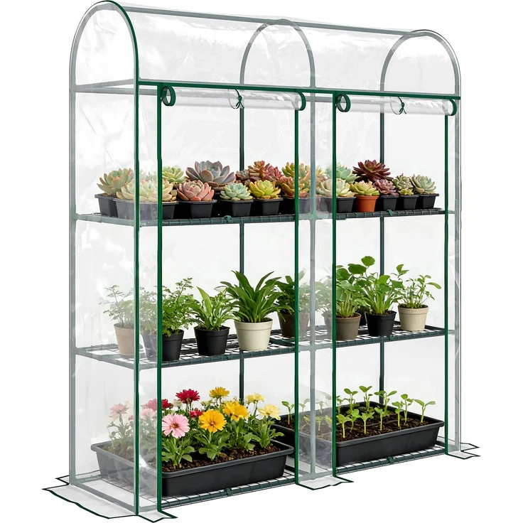 MELAYR, Kleines Gewächshaus mit 3 Etagen, 2 Rolltüren, Stahlrahmen, Kunststoffabdeckung, 143 x 46 x 164 cm, Transparent – Bild 1